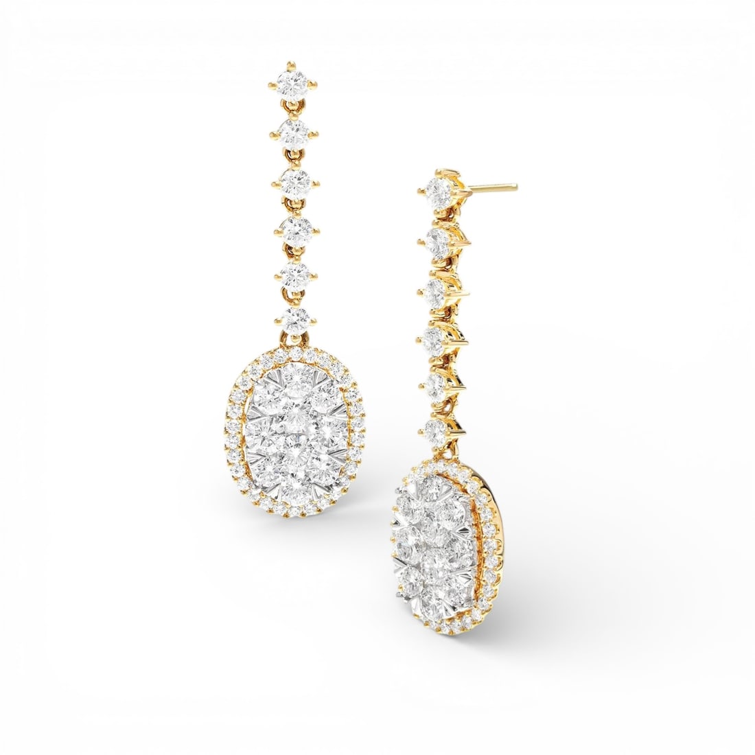3.96 ctw Diamond Halo Cluster Drop 18K Yellow & White Gold Earrings: Defining modern elegance, this breathtaking Halo Cluster Drop pair of earrings featuring White Diamond captures the essence of style. The gemstones are nestled within a Halo Cluster Drop framework, su