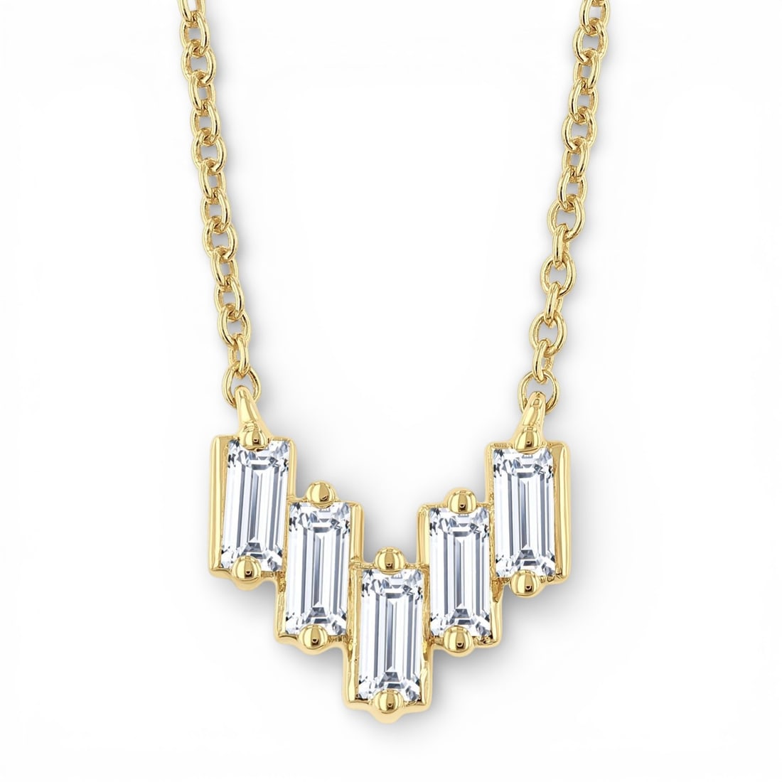 0.25 ctw Baguette Diamond Chevron 14K Yellow Gold Necklace: Timeless and sophisticated, this elegant Chevron necklace featuring White Diamond radiates enduring beauty. Expertly mounted in a Cluster setting, the necklace is crafted in 0.45 g of solid 14K Yellow