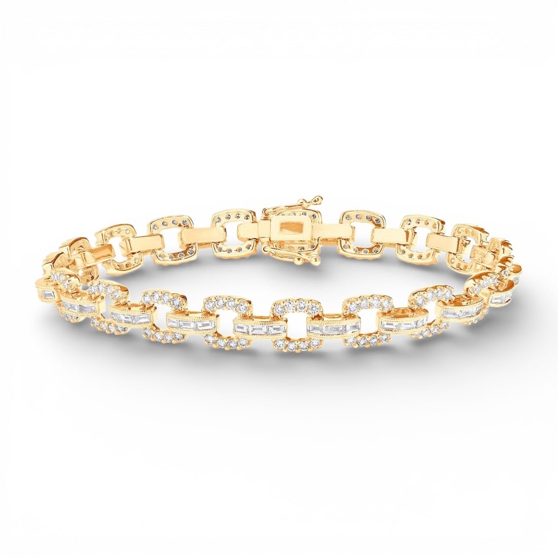 3.93 ctw White Diamond 18k Yellow Gold Bracelet: Captured in a moment of brilliance, this breathtaking Linq Baguette Link bracelet featuring White Diamond speaks to the connoisseur. Expertly mounted in a Link Bracelet setting, the bracelet is crafte