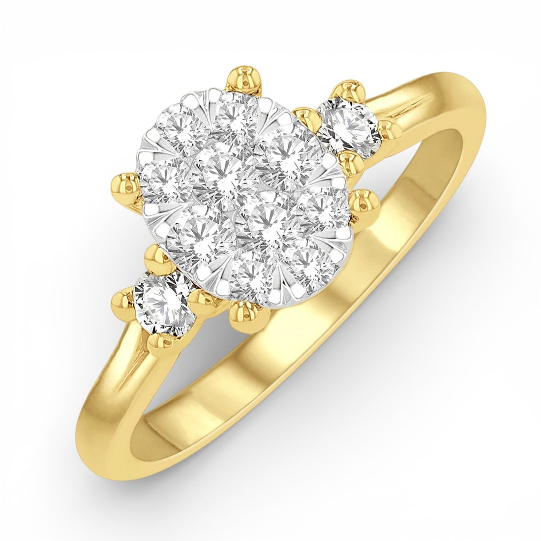 0.60 ctw Diamond Cluster 14K Yellow & White Gold Engagement Ring: A vision of luxury, this magnificent Oval Shape Cluster ring featuring White Diamond defines sophistication. Expertly mounted in a Three-Stone (Cluster Center) setting, the ring is crafted in 3.95 gra