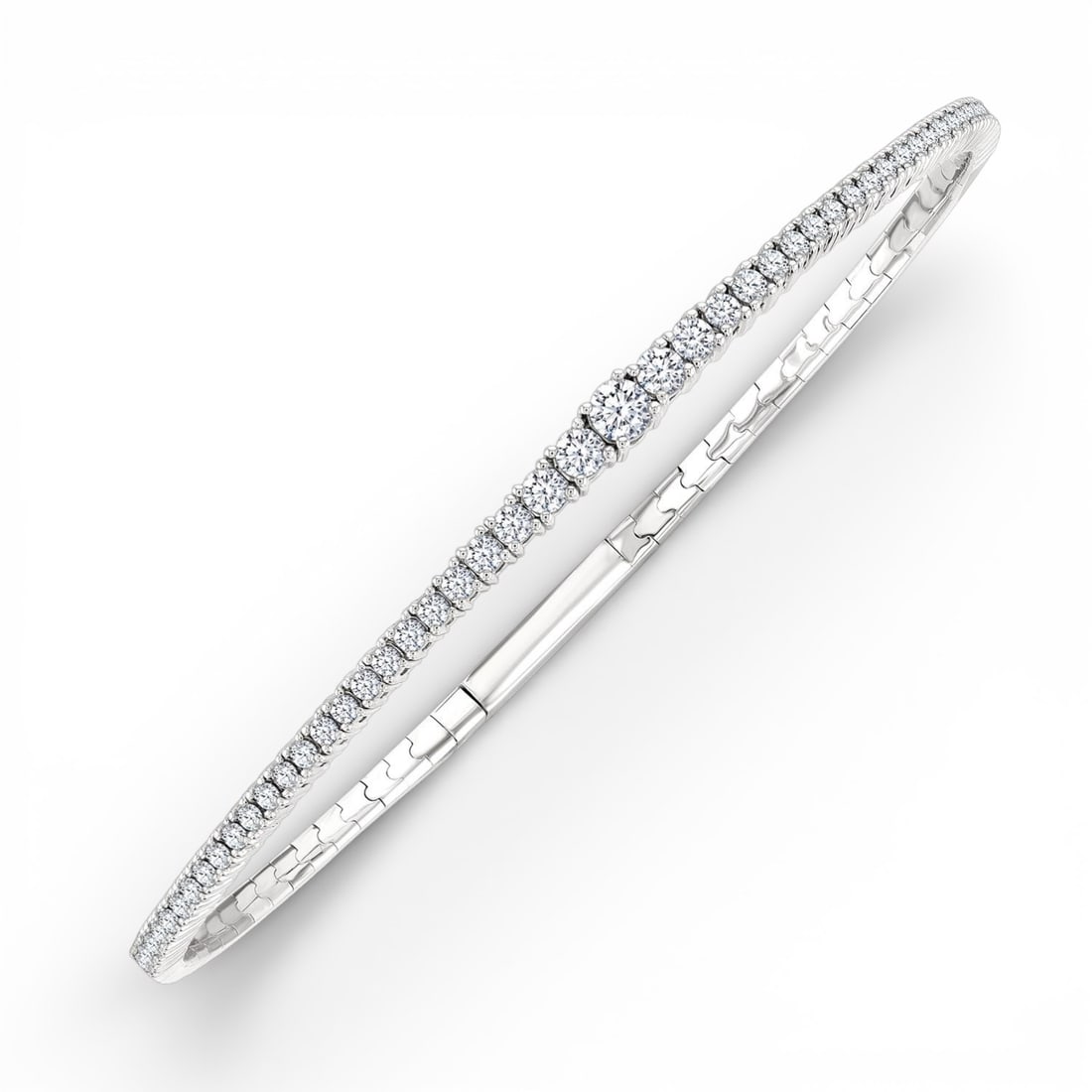 1.03 ctw Graduated Diamond Flex Bangle in 14K White Gold: A symphony of light and color, this breathtaking Halfway Graduated Flex bangle featuring White Diamond embodies the pinnacle of luxury. Securely held in a classic Line/Row Setting design, the bangle i