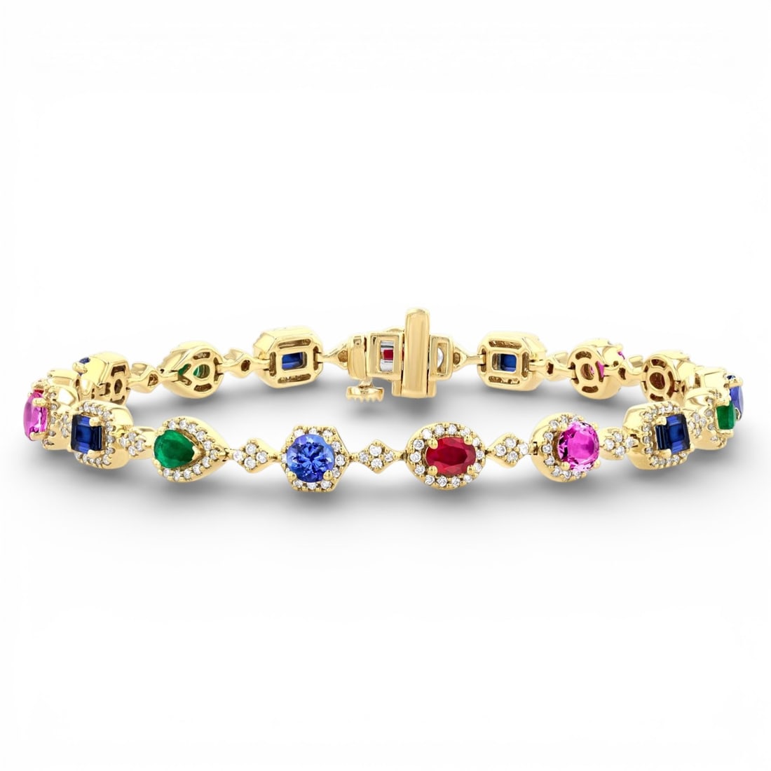 Multi-Gemstone Rainbow and 1.03 ctw Diamond 14K Yellow Gold Tennis Bracelet: A symphony of light and color, this stunning Halo bracelet featuring Ruby, Blue Sapphire, Emerald, Tanzanite, Pink Sapphire, and White Diamond embodies the pinnacle of luxury. Securely held in a class