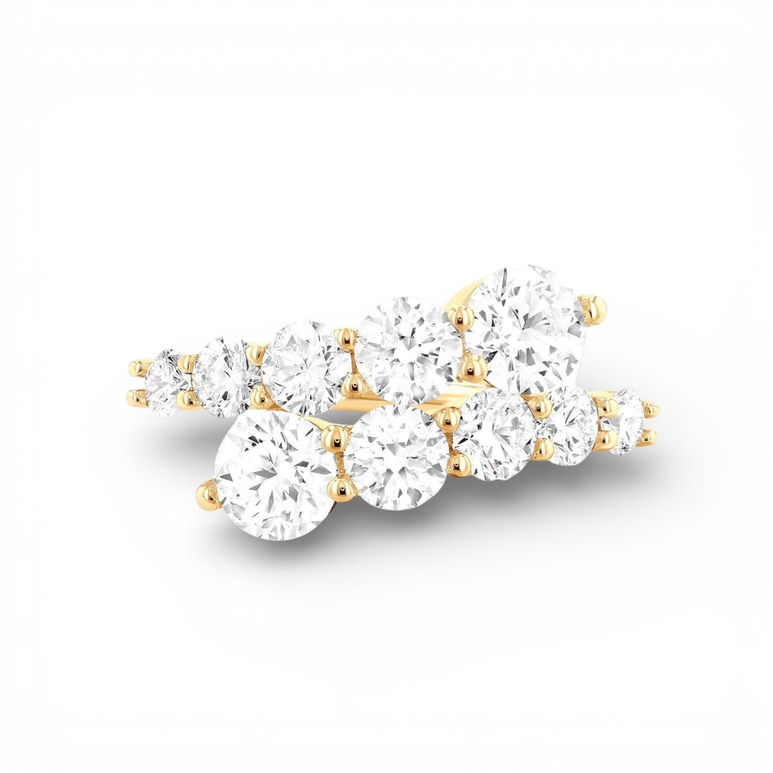 1.85 ctw Diamond Bypass 18K Yellow Gold Ring: Captured in a moment of brilliance, this magnificent Wrap ring featuring White Diamond speaks to the connoisseur. Securely held in a classic Bypass design, the ring is forged from 4.25 grams of high-p