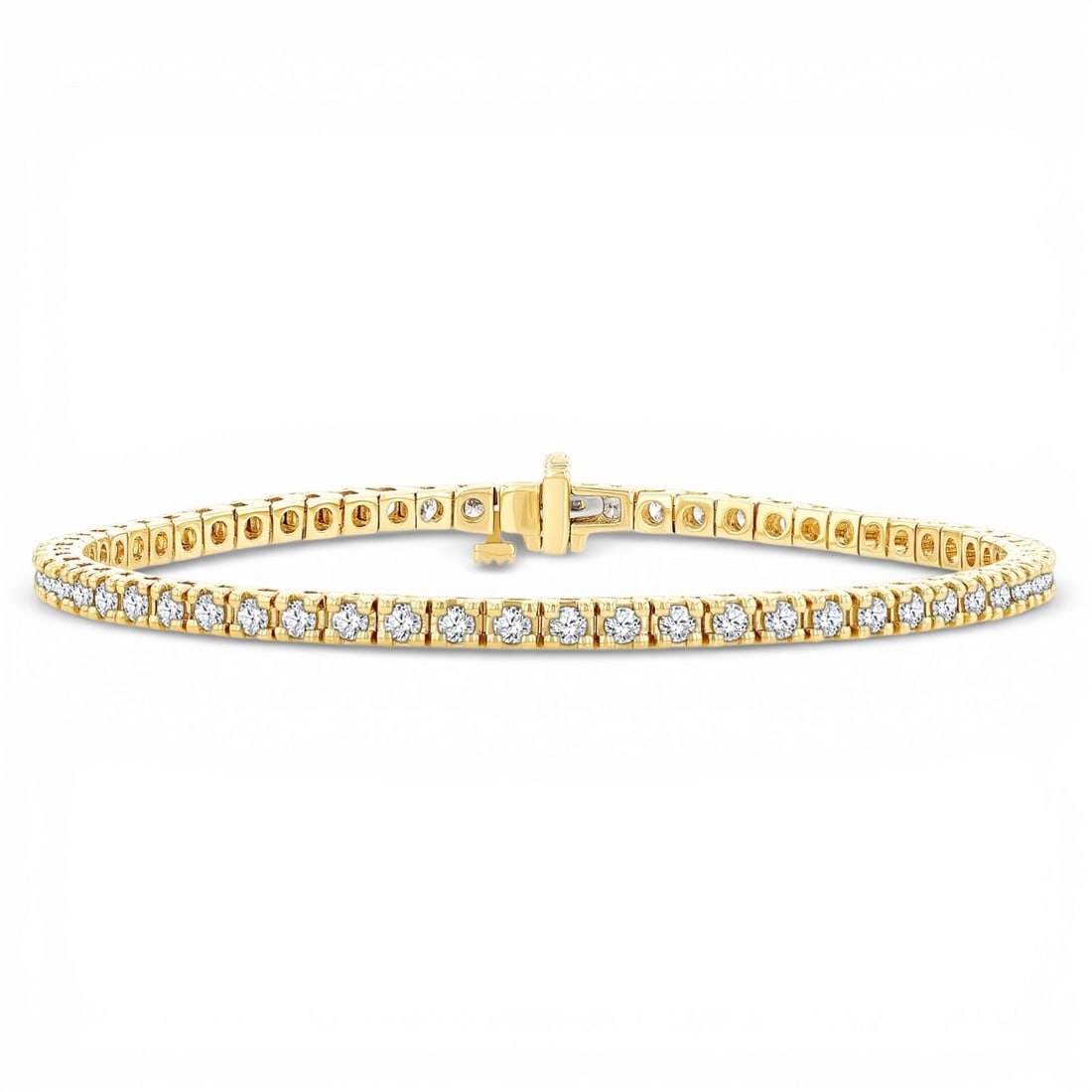 2.02 ctw White Diamond 7.0 Inch 14K Yellow Gold Tennis Bracelet: A symphony of light and color, this breathtaking Square Shape bracelet featuring White Diamond embodies the pinnacle of luxury. The gemstones are nestled within a Prong-Set Line Bracelet framework, su