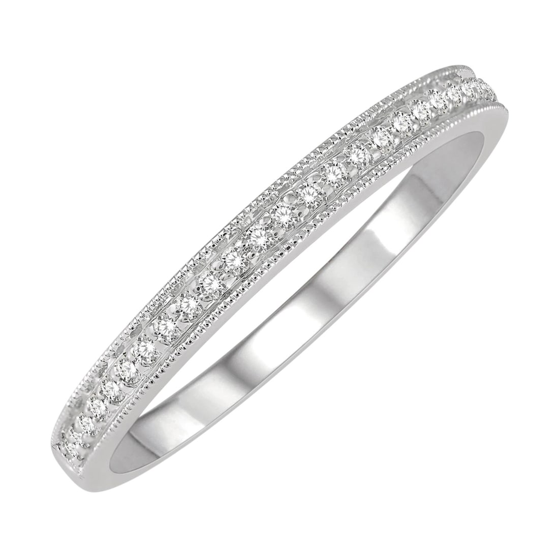 0.11 ctw Round Diamond Pave 14K White Gold Wedding Band Ring: Epitomizing grandeur, this elegant Milgrain ring featuring Natural Diamonds stands as a beacon of refined taste. Crafted with precision, the Pave setting is seamlessly integrated into 2.0 grams of 14K