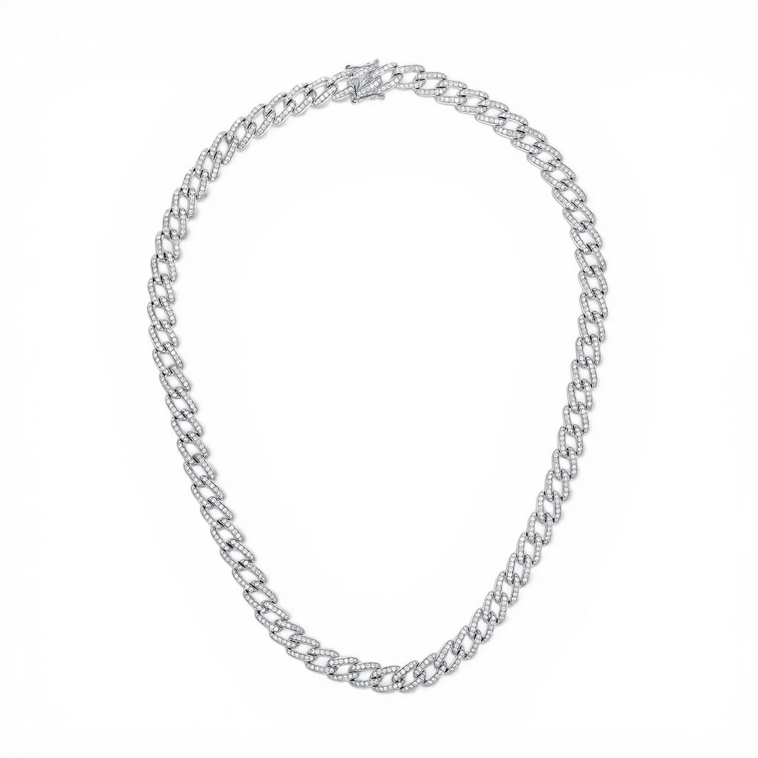 16 inch 6.87 ctw Diamond Pave Linq Cuban Link 18K White Gold Necklace: Defining modern elegance, this magnificent Cuban Link necklace featuring White Diamond captures the essence of style. The gemstones are nestled within a Pave framework, supported by a substantial 33.5
