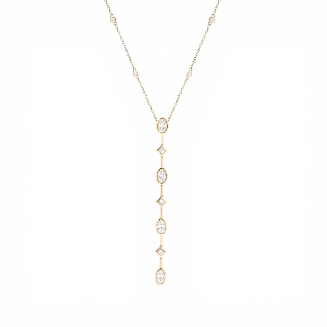 1.57 ctw Diamond Oval Princess Bar 18K Yellow Gold Pendant: A symphony of light and color, this magnificent Bar necklace featuring White Diamond embodies the pinnacle of luxury. Securely held in a classic Drop/Bar Pendant design, the necklace is forged from 3.