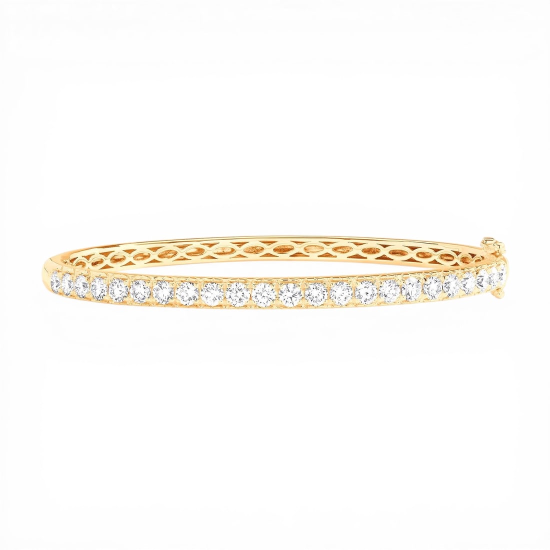 Duchess Timeless 2.99 ctw Diamond Bangle 18K Yellow Gold: Epitomizing grandeur, this magnificent Timeless Bangle bracelet featuring White Diamond stands as a beacon of refined taste. A detailed Shared Prong gallery secures the stones, rendered in 15.75 g of 