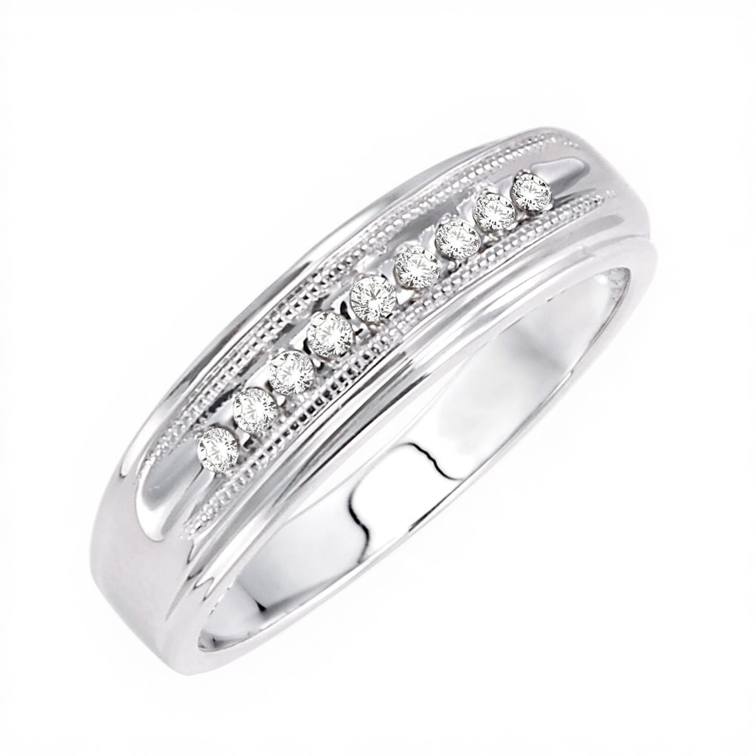 0.12 ctw Round Cut Diamond 14K White Gold Men's Ring: A symphony of light and color, this magnificent Nick Set ring featuring White Diamond embodies the pinnacle of luxury. The gemstones are nestled within a Channel framework, supported by a substantial 