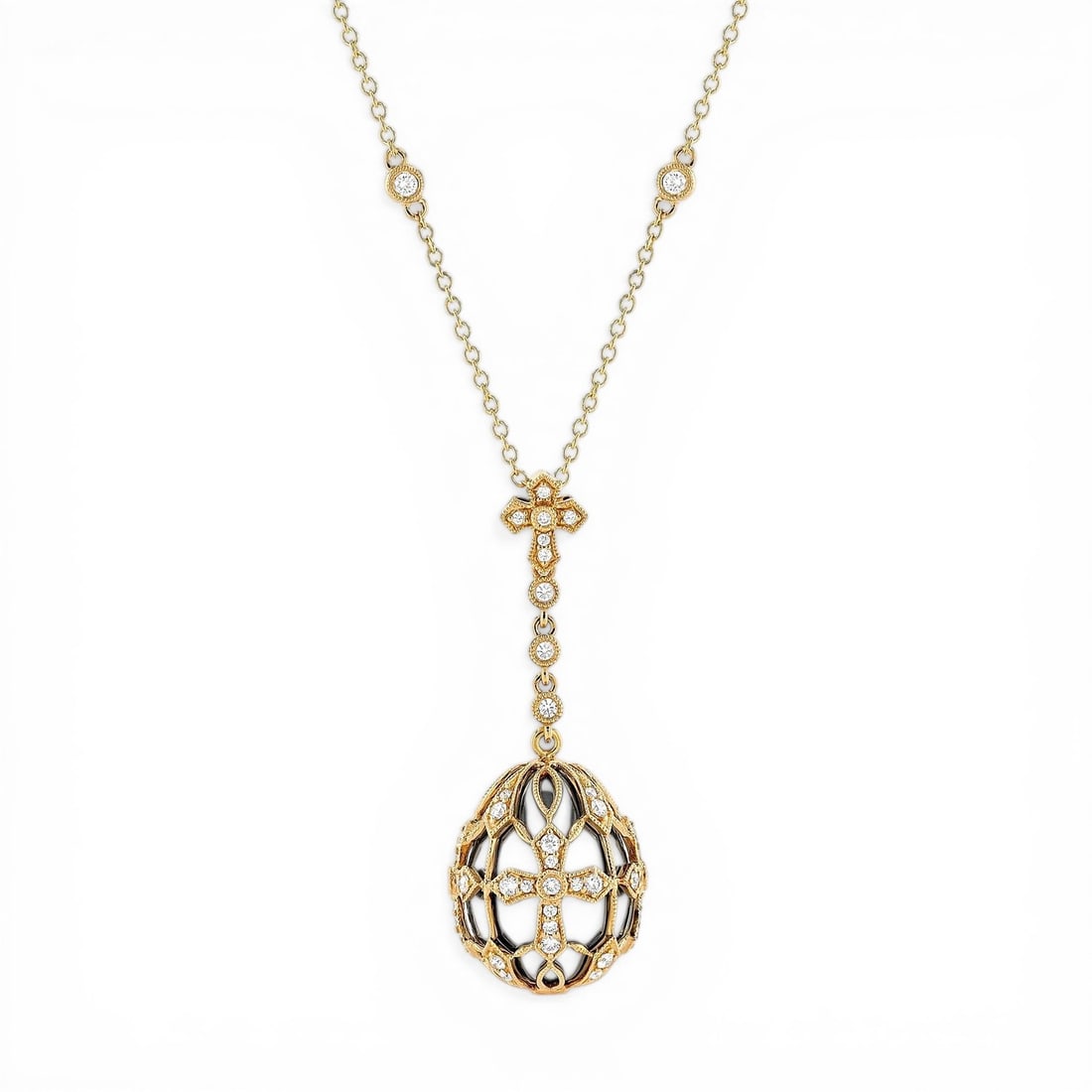 0.94 ctw White Diamond 18K Yellow & White Gold Pendant Necklace: A symphony of light and color, this breathtaking Cage Drop necklace featuring Natural Diamonds embodies the pinnacle of luxury. Securely held in a classic Cage/Encased design, the necklace is forged f