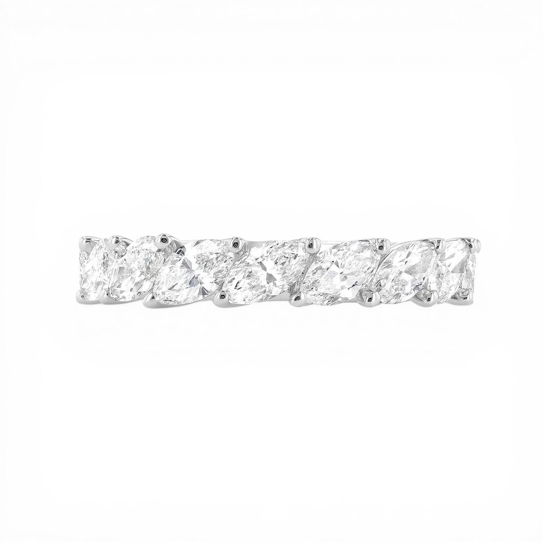 1.71 ctw Marquise Diamond Duchess Halfway Band 18K White Gold Ring: An exquisite masterpiece of haute joaillerie, this magnificent Marquise Halfway Band ring featuring White Diamond is a true treasure. A detailed Shared Prong Halfway Band gallery secures the stones, r