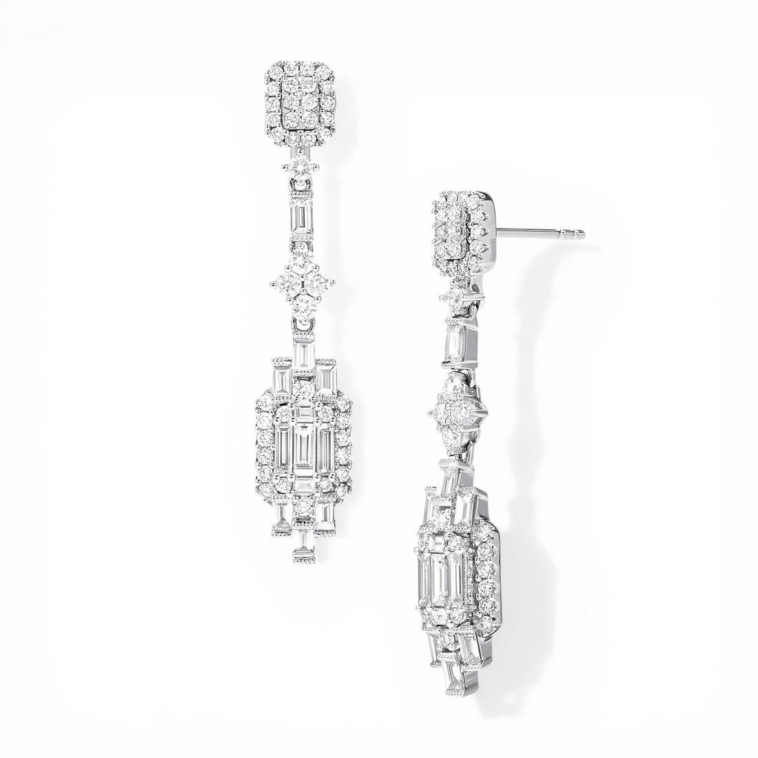 1.91 ctw Baguette & Round Diamond 18K White Gold Earrings: Timeless and sophisticated, this elegant Vintage Baguette pair of earrings featuring Natural Diamonds radiates enduring beauty. Securely held in a classic Cluster/Drop design, the earrings are forged 