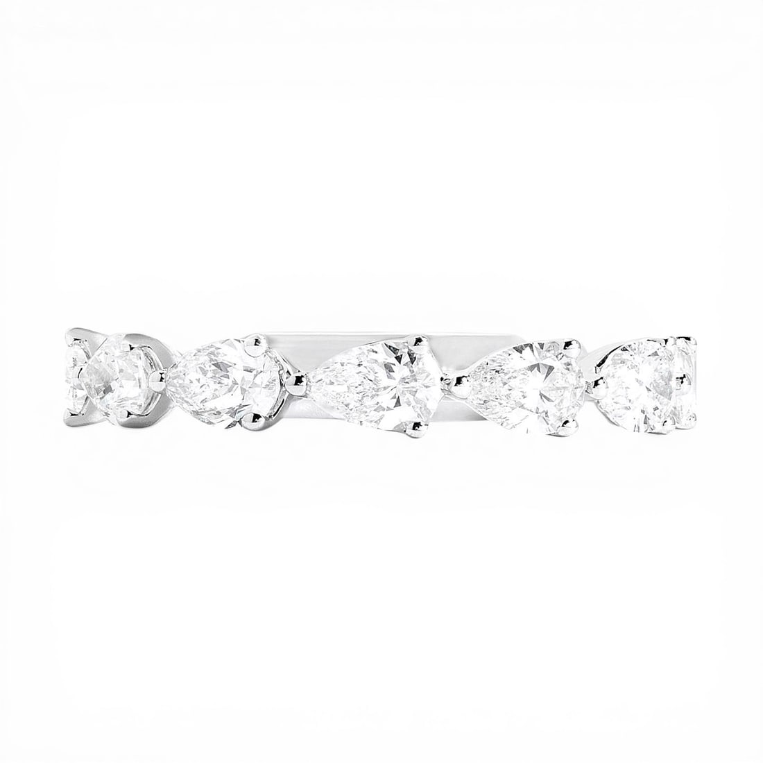 1.40 ctw Pear White Diamond East-West Halfway Band 18K White Gold Ring: Epitomizing grandeur, this magnificent East-West Pear Halfway Band ring featuring White Diamond stands as a beacon of refined taste. Showcasing the gems in a Halfway Band arrangement, the ring consist