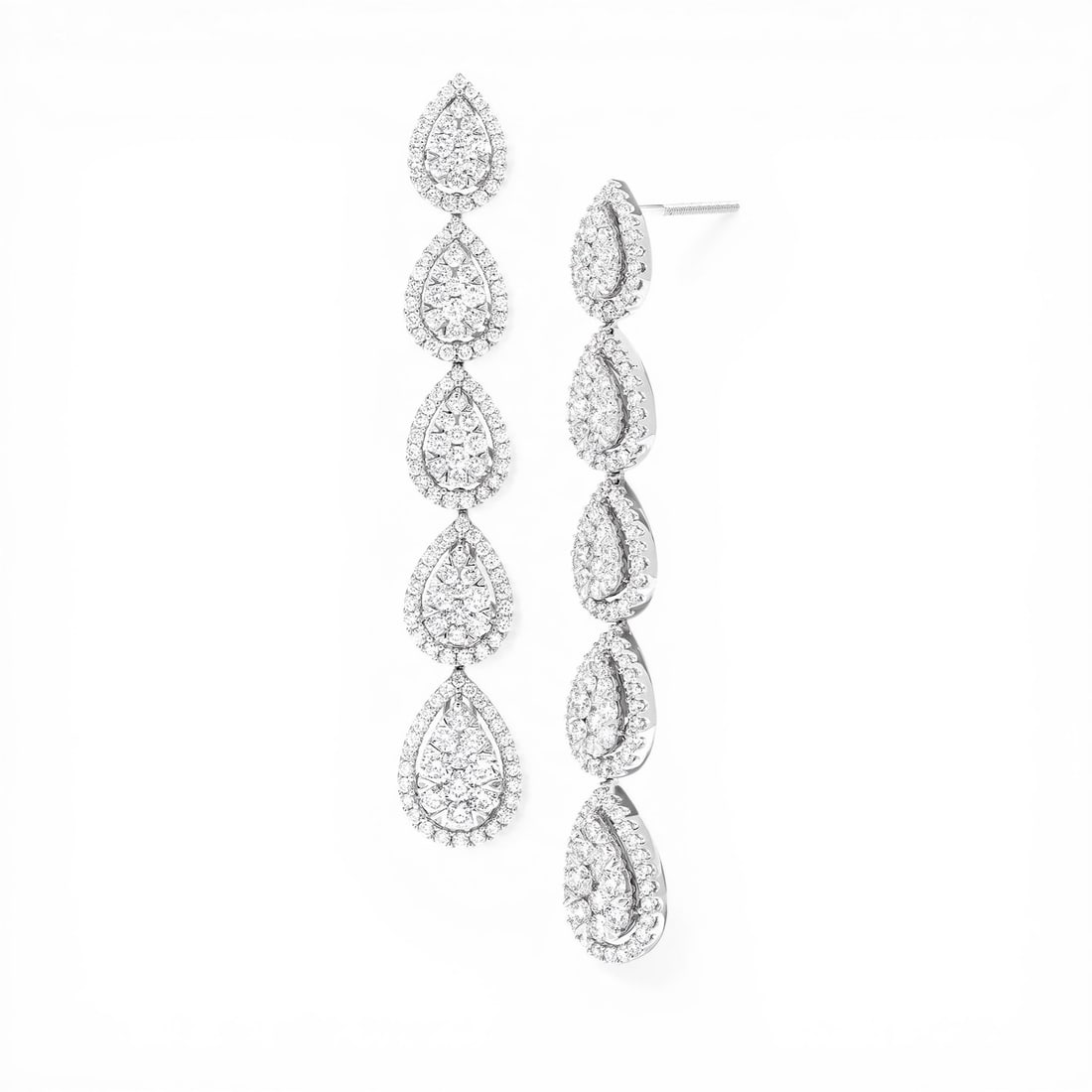 4.08 ctw White Diamond Fiori Graduating Drop 18K White Gold Earrings: Defining modern elegance, this breathtaking Fiori Graduating Drop pair of earrings featuring White Diamond captures the essence of style. Securely held in a classic Cluster/Halo design, the earrings a