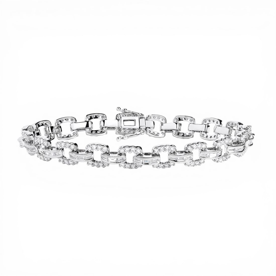 3.93 ctw Baguette and Round Diamond 18K White Gold Link Bracelet: Exuding opulence and grace, this breathtaking Linq Baguette Link bracelet featuring White Diamond is crafted for the distinguished. A detailed Channel-Set gallery secures the stones, rendered in 16.6 