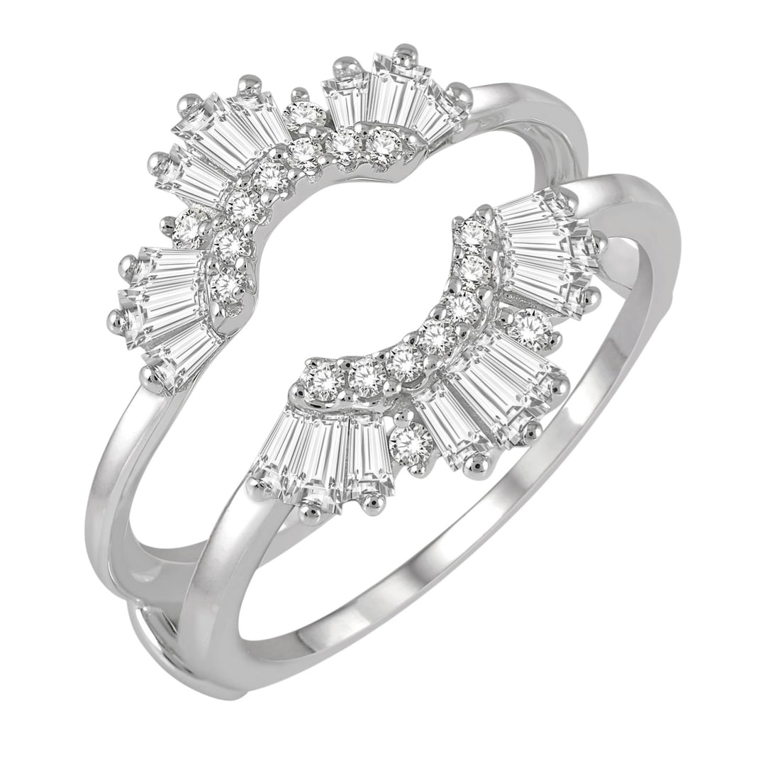 0.66 ctw Arched Baguette & Round Diamond Insert Ring 14K White Gold: Captured in a moment of brilliance, this magnificent Arched ring featuring Natural Diamonds speaks to the connoisseur. Securely held in a classic Insert design, the ring is forged from 3.1 grams of hi