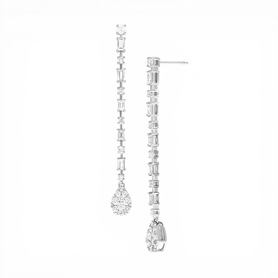 1.92 ctw Diamond Pear & Baguette Drop Cluster 18K White Gold Earrings: A testament to superior craftsmanship, this magnificent Drop Cluster pair of earrings featuring White Diamond is unparalleled. Crafted with precision, the Linear Drop setting is seamlessly integrated 