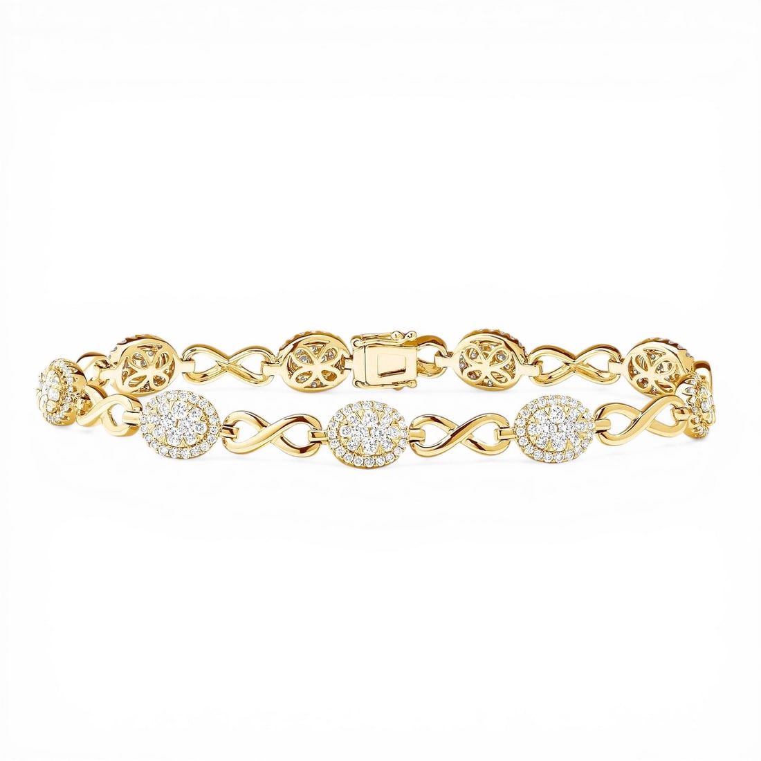 2.25 ctw White Diamond Infinity Alternating 18K Yellow & White Gold Bracelet: A testament to superior craftsmanship, this breathtaking Infinity Alternating bracelet featuring White Diamonds is unparalleled. Crafted with precision, the Cluster setting is seamlessly integrated in