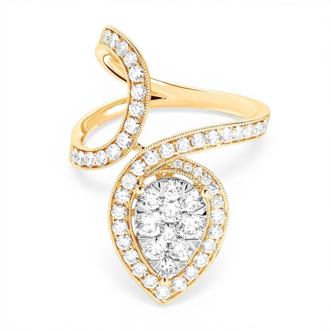 1.61 ctw White Diamond Fiori Cluster 18K Yellow & White Gold Cocktail Ring: Captured in a moment of brilliance, this stunning Fiori ring featuring White Diamond speaks to the connoisseur. Expertly mounted in a Cluster setting, the ring is crafted in 8.15 grams of solid 18K Ye