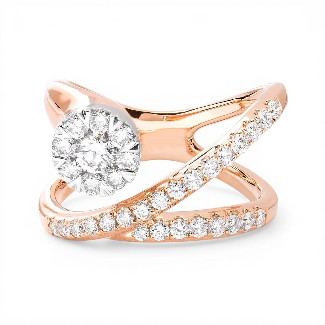 0.93 ctw White Diamond Fiori Cluster 18K Rose & White Gold Ring: Rare and radiant, this exquisite Fiori Ethereal Fashion Cluster ring featuring White Diamond offers a touch of the extraordinary. A detailed Cluster gallery secures the stones, rendered in 7.85 grams 