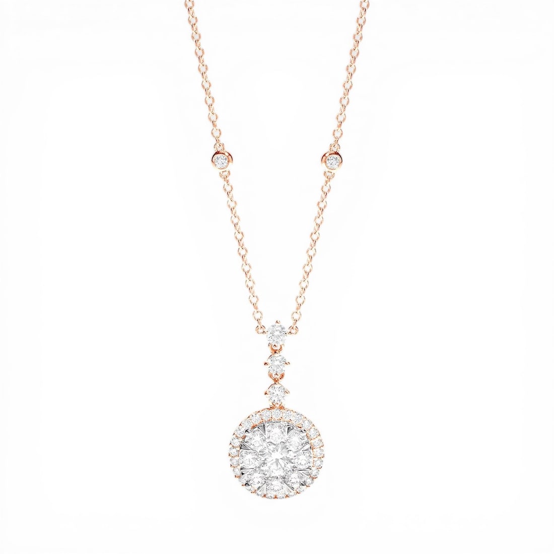 2.35 ctw Diamond 18K Rose & White Gold Necklace: Epitomizing grandeur, this magnificent Fiori Cluster necklace featuring White Diamond stands as a beacon of refined taste. Crafted with precision, the Halo setting is seamlessly integrated into 4.4 gr