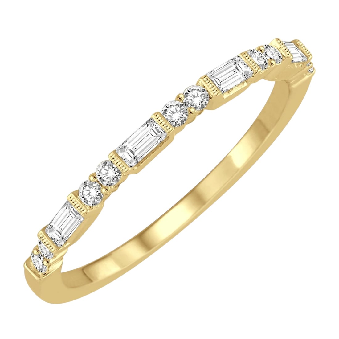 0.30 ctw Baguette and Round Diamond 14K Yellow Gold Band Ring: Defining modern elegance, this elegant Baguette band ring featuring White Diamond captures the essence of style. Expertly mounted in a Continuous Band setting, the band ring is crafted in 1.4 grams of