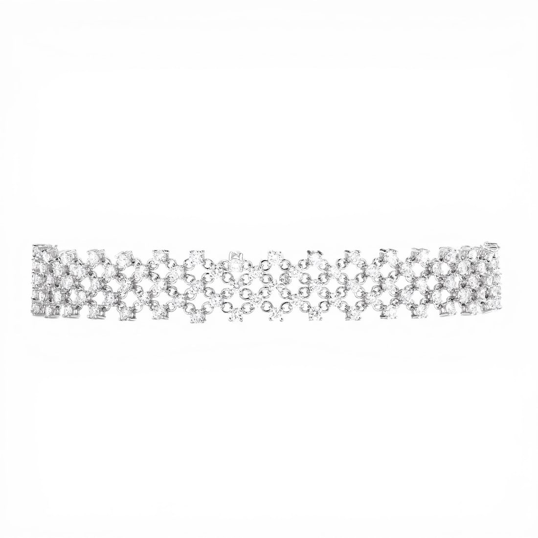 4.78 ctw Silk Diamond 18K White Gold Bracelet: Rare and radiant, this stunning Silk bracelet featuring White Diamond offers a touch of the extraordinary. A detailed Lattice gallery secures the stones, rendered in 11.0 grams of lustrous 18K White G