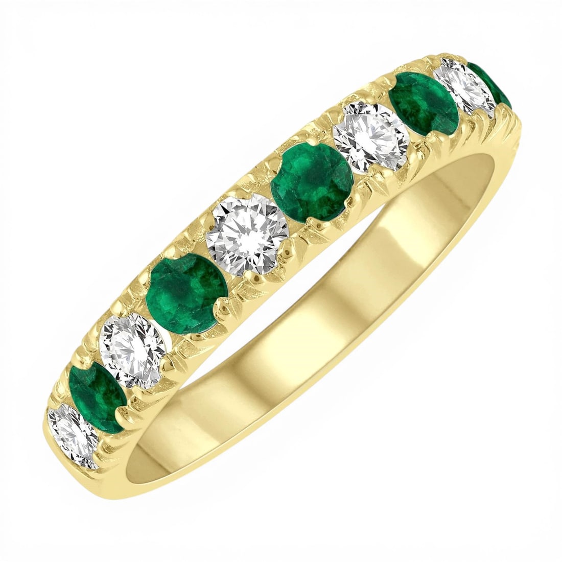 2.9mm Emerald and 0.55 ctw Diamond 14K Yellow Gold Band Ring: An exquisite masterpiece of haute joaillerie, this stunning Pave-Set band ring featuring Emerald, White Diamond is a true treasure. Crafted with precision, the Pave setting is seamlessly integrated in