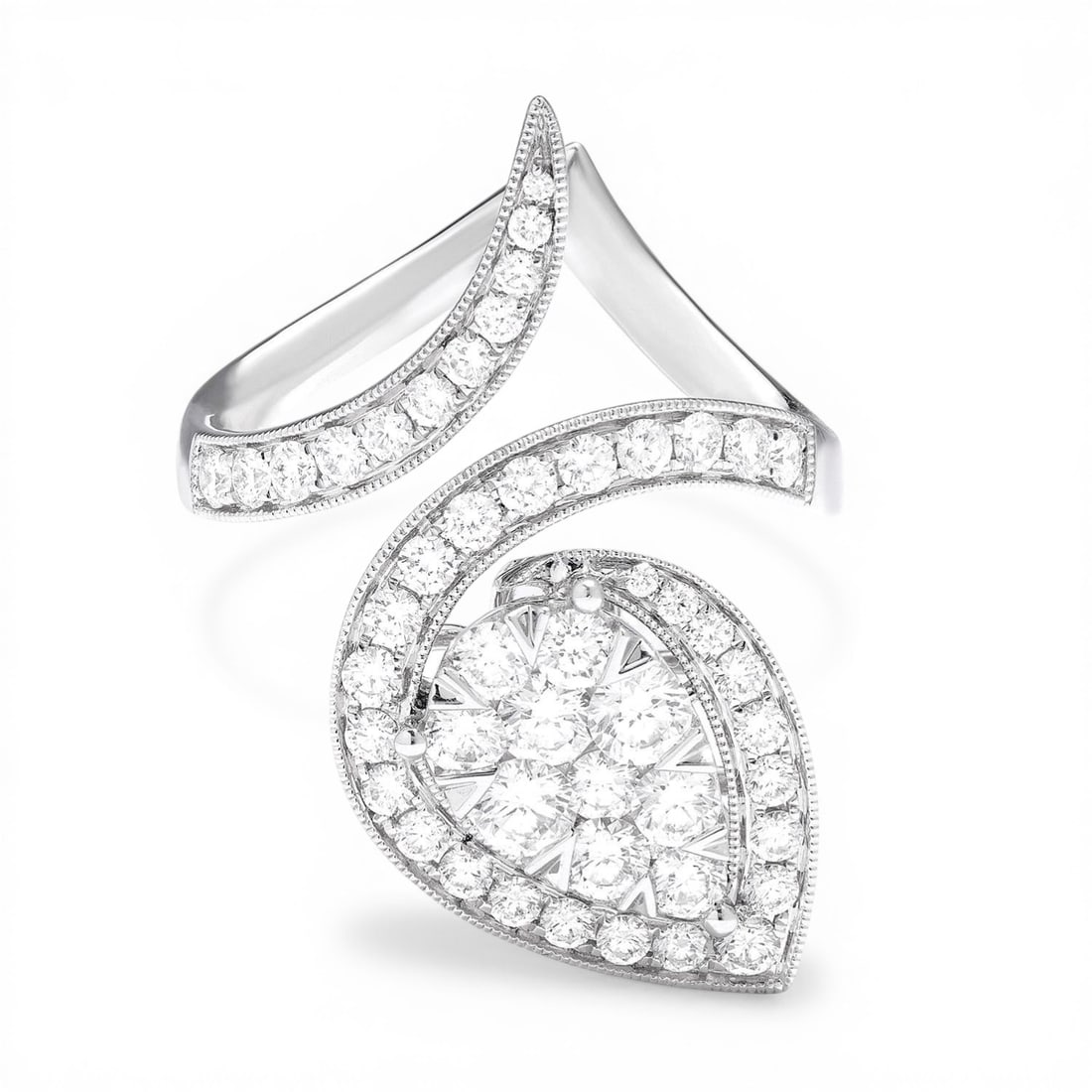 1.50 ctw Diamond Fiori Pear Avant-Garde Cluster 18K White Gold Ring: A testament to superior craftsmanship, this exquisite Cocktail Cluster Ring featuring White Diamonds is unparalleled. A detailed Cluster gallery secures the stones, rendered in 6.9 grams of lustrous 1