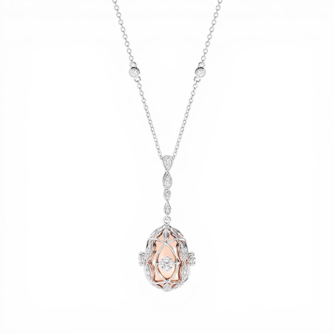 0.89 ctw White Diamond 18K Rose & White Gold Pendant: A testament to superior craftsmanship, this exquisite Cage Drop pendant featuring White Diamond is unparalleled. Crafted with precision, the Cage Setting setting is seamlessly integrated into 7.35 gra