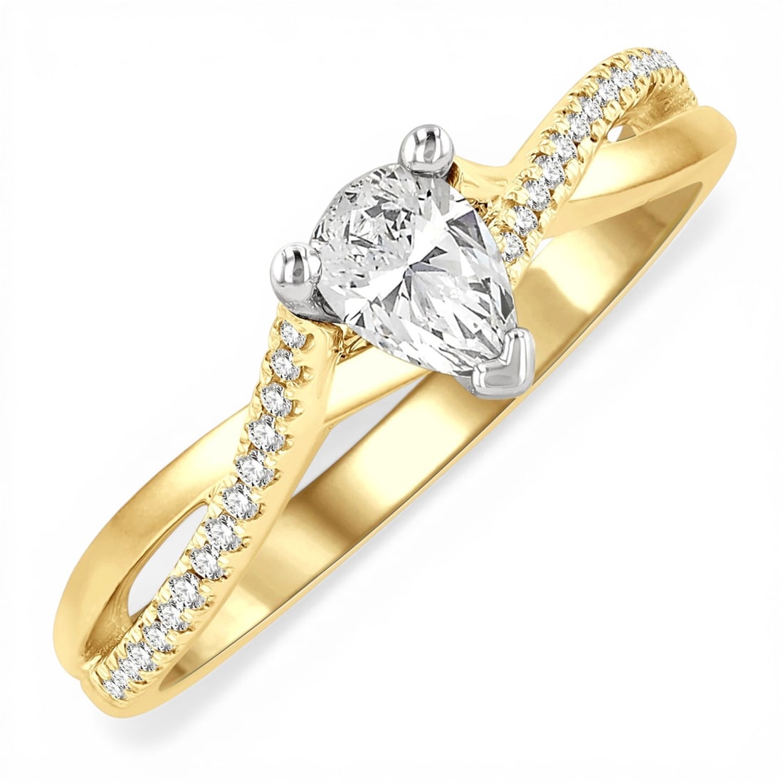 0.52 ctw Pear & Round Diamond Split Shank 14K Yellow & White Gold Engagement Ring: Captured in a moment of brilliance, this stunning Split Crossover Shank ring featuring White Diamond speaks to the connoisseur. The gemstones are nestled within a Crossover Shank framework, supported 