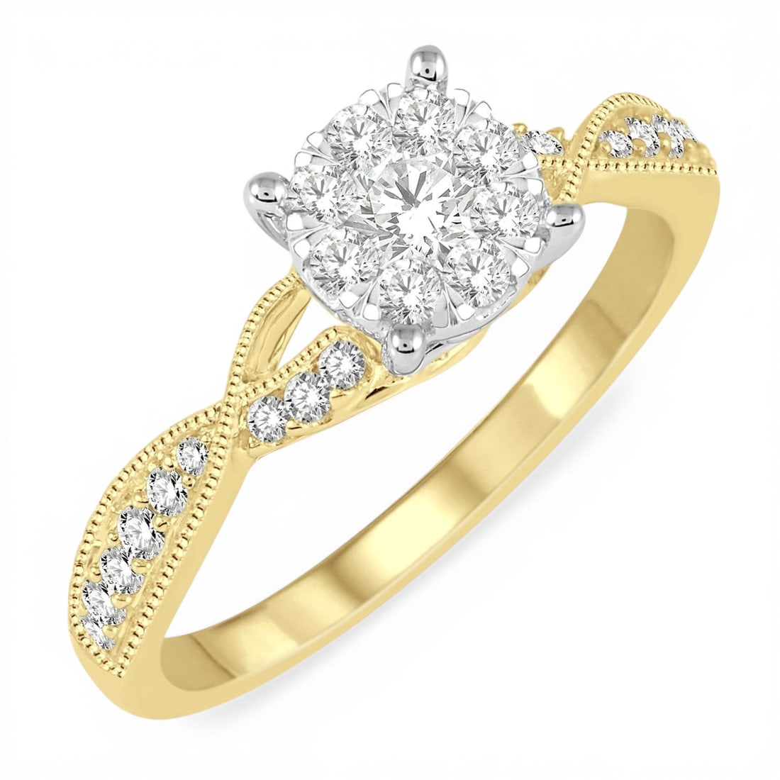 0.48 ctw Diamond Cluster Engagement Ring 14K Yellow & White Gold: A vision of luxury, this stunning Cluster ring featuring White Diamond defines sophistication. Securely held in a classic Cluster design, the ring is forged from 2.85 grams of high-polish 14K Yellow &
