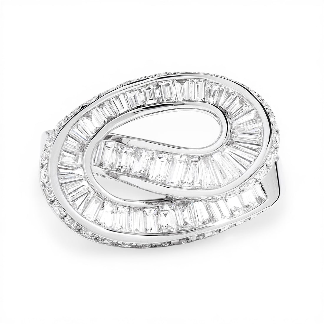 1.88 ctw Baguette & Round Diamond Ribbon 18K White Gold Ring: Epitomizing grandeur, this magnificent Ribbon Bypass ring featuring White Diamond stands as a beacon of refined taste. Crafted with precision, the Ribbon Bypass setting is seamlessly integrated into 5