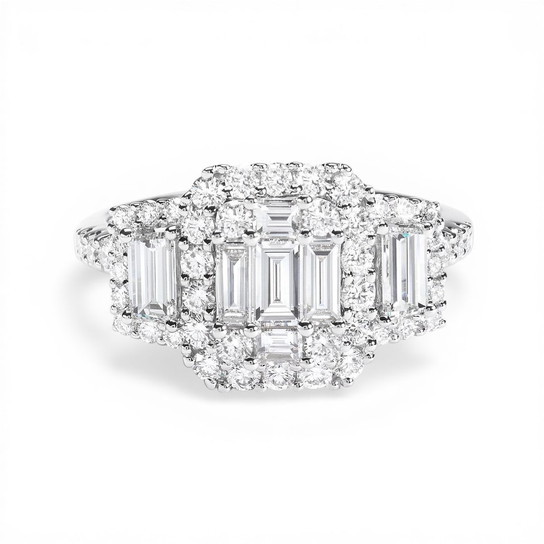 Empress 1.73 ctw Baguette & Round Diamond 18K White Gold Ring: Defining modern elegance, this magnificent Baguette Three-Stone ring featuring White Diamond captures the essence of style. Expertly mounted in a Three-Stone Cluster with Halo setting, the ring is cra
