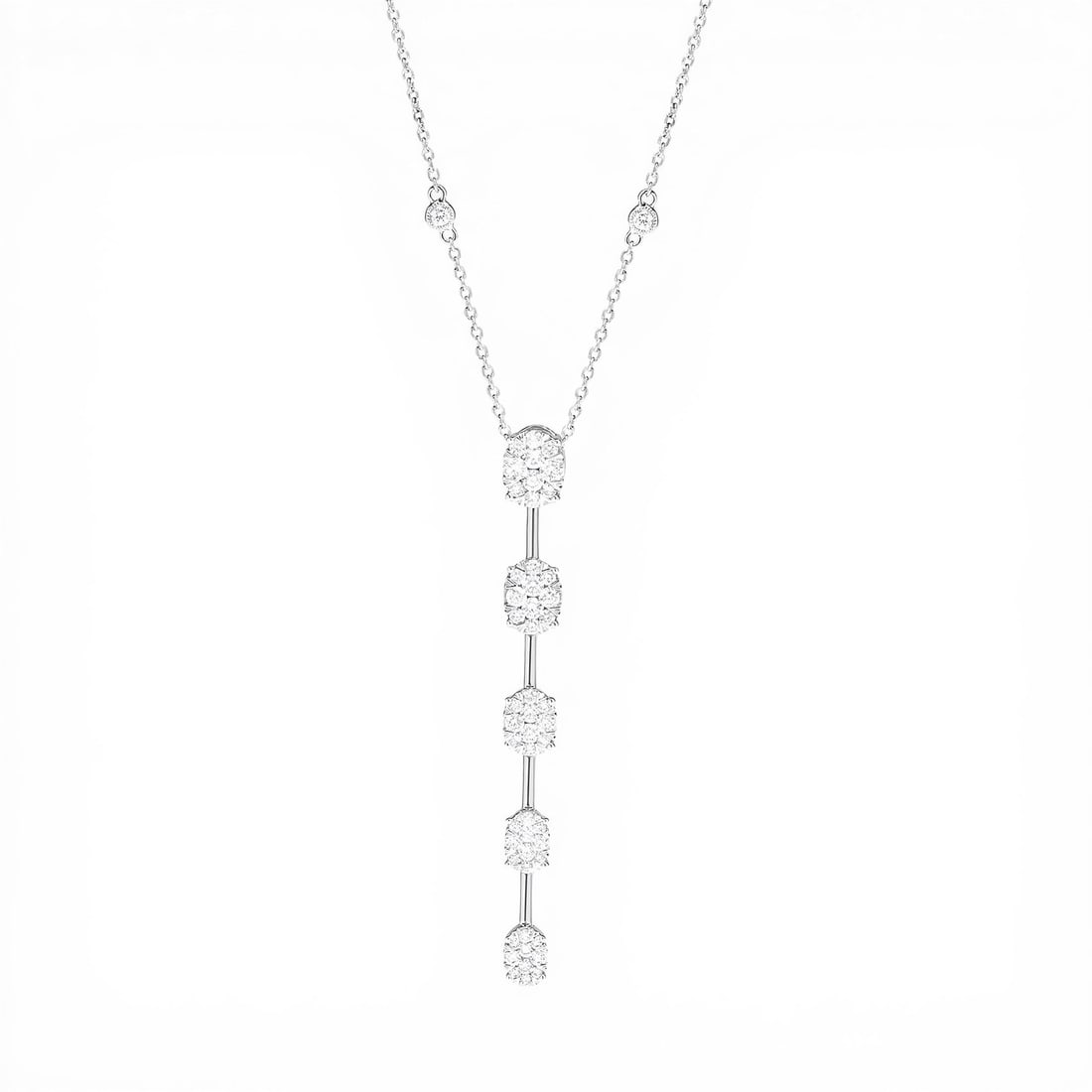 1.60 ctw White Diamond Fiori Cluster Bar 18K White Gold Pendant: A symphony of light and color, this breathtaking Fiori Cluster Bar necklace featuring White Diamond embodies the pinnacle of luxury. The gemstones are nestled within a Cluster framework, supported by 