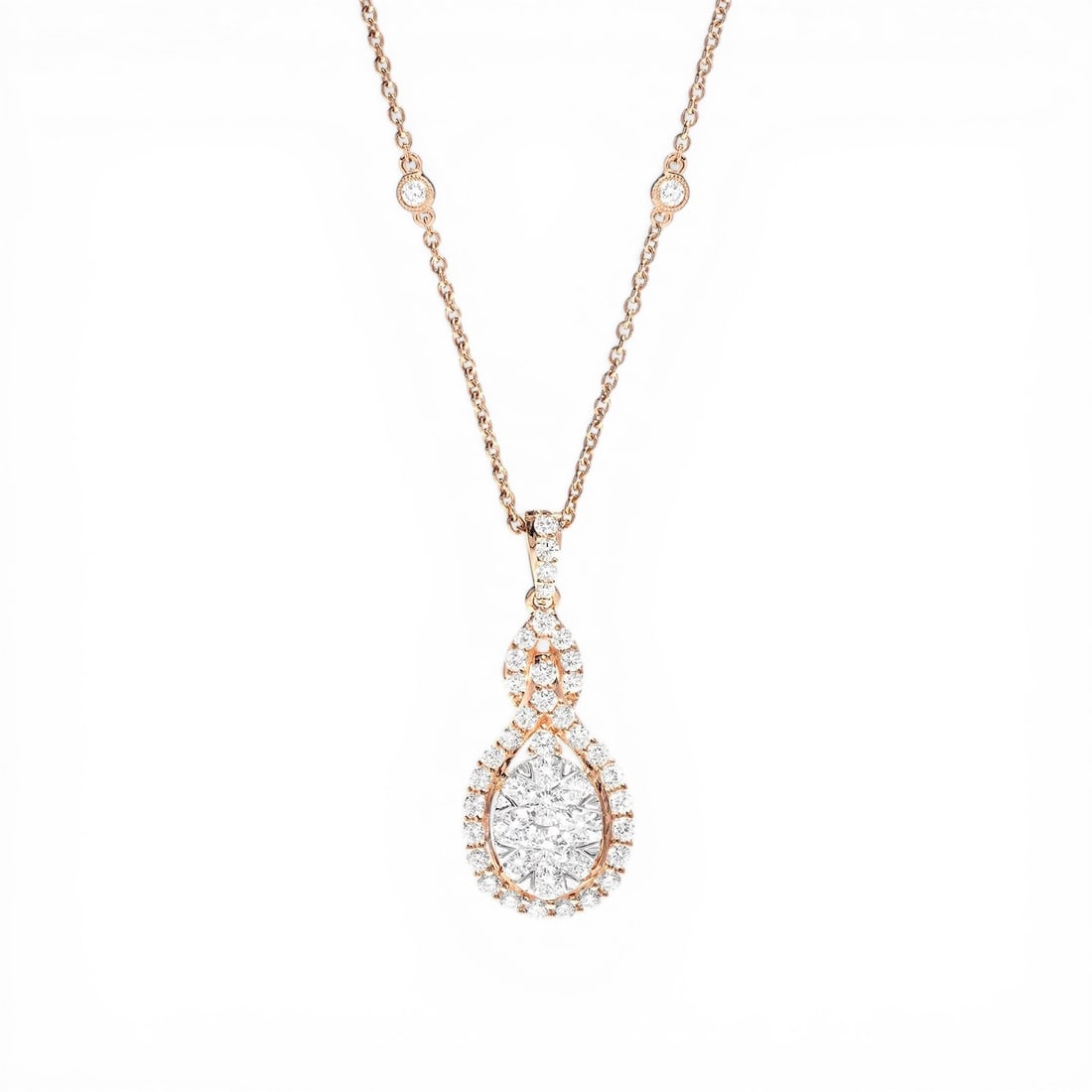 1.49 ctw White Diamond Fiori Cluster 18K Rose & White Gold Pendant: A testament to superior craftsmanship, this magnificent Fiori Oval Intertwined Cluster pendant necklace featuring Natural Diamonds is unparalleled. Showcasing the gems in a Cluster arrangement, the pe