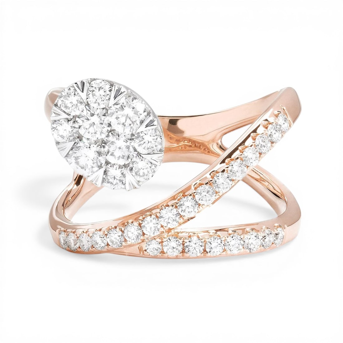 1.11 ctw White Diamond Fiori Cluster 18K Rose & White Gold Ring: Rare and radiant, this exquisite Fiori Cluster ring featuring White Diamond offers a touch of the extraordinary. Showcasing the gems in a Cluster arrangement, the ring consists of 7.5 g of 18K Rose & 