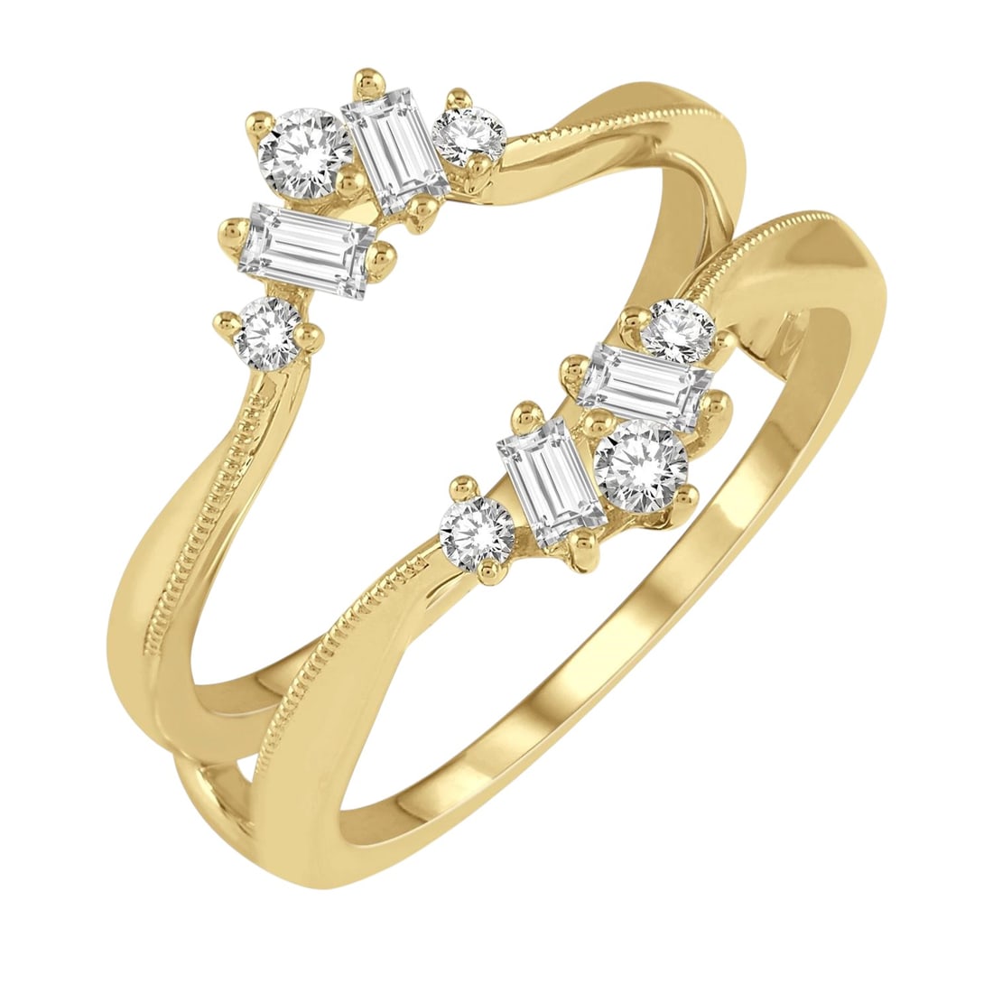 0.41 ctw Round and Baguette Diamond Insert Ring 14K Yellow Gold: Rare and radiant, this magnificent Insert ring featuring White Diamond offers a touch of the extraordinary. Showcasing the gems in a Insert arrangement, the ring consists of 3.95 grams of 14K Yellow G
