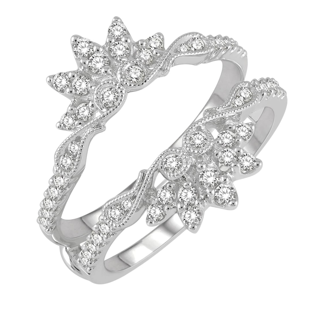 0.49 ctw Diamond Carved Lotus 14K White Gold Insert Ring: Epitomizing grandeur, this exquisite Carved Lotus ring featuring Natural Diamonds stands as a beacon of refined taste. A detailed Insert/Guard gallery secures the stones, rendered in 4.1 grams of lust