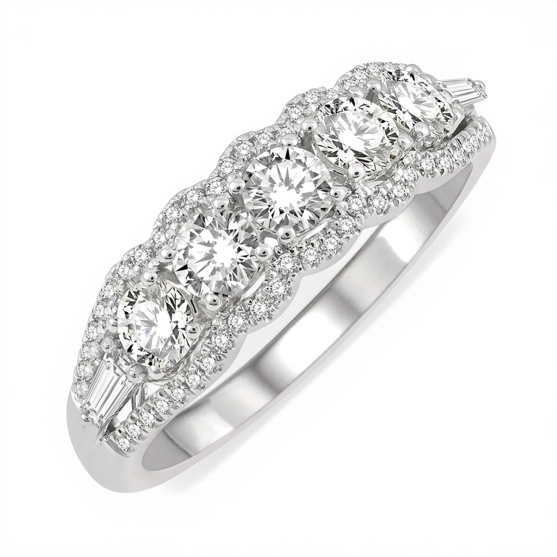 1.01 ctw Round and Baguette Diamond 14K White Gold Fashion Ring: Epitomizing grandeur, this magnificent Split Shank ring featuring White Diamond stands as a beacon of refined taste. Crafted with precision, the Five-Stone setting is seamlessly integrated into 2.7 gr