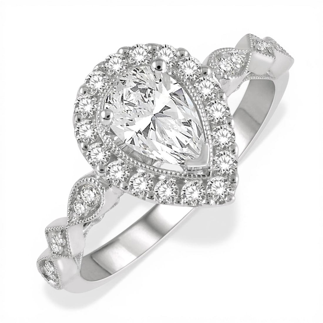 0.74 ctw Pear Diamond Carved Shank Engagement Ring 14K White Gold: Timeless and sophisticated, this stunning Carved Shank ring featuring White Diamond radiates enduring beauty. The gemstones are nestled within a Halo framework, supported by a substantial 3.0 grams 14