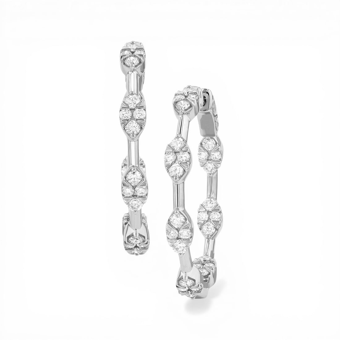1.53 ctw White Diamond Fiori Marquise Bar Cluster 18K White Gold Hoop Earrings: Exuding opulence and grace, this stunning Marquise Bar Hoop pair of earrings featuring Natural Diamonds is crafted for the distinguished. Showcasing the gems in a Cluster arrangement, the earrings con