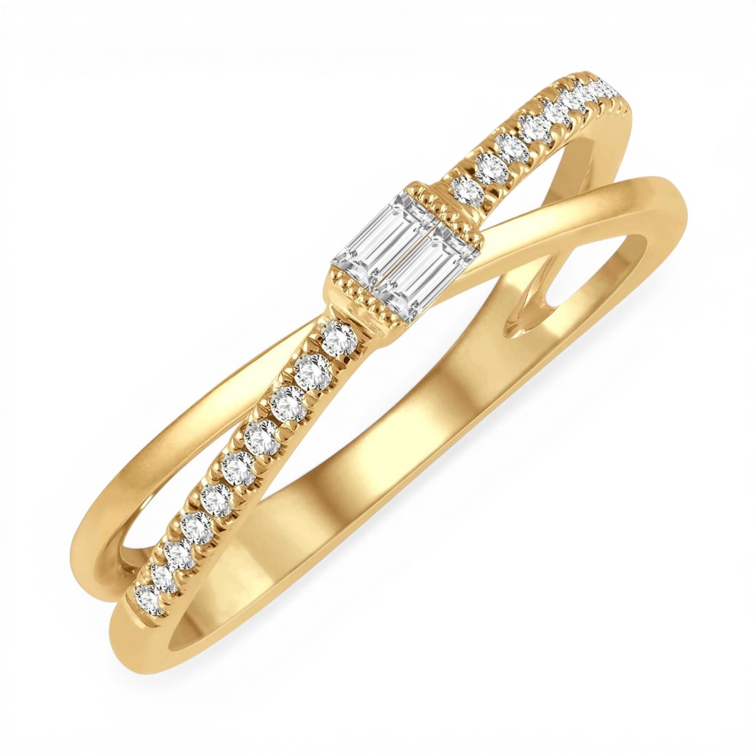 0.17 ctw Baguette and Round Diamond Criss Cross 14K Yellow Gold Ring: Exuding opulence and grace, this elegant Criss Cross ring featuring Natural Diamonds is crafted for the distinguished. A detailed Crossover Band gallery secures the stones, rendered in 2.55 grams of l