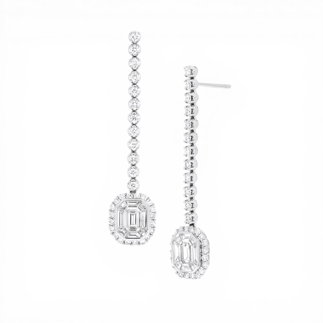 2.20 ctw White Diamond Empress Mosaic 18K White Gold Drop Earrings: Captured in a moment of brilliance, this breathtaking Empress Mosaic pair of earrings featuring White Diamond speaks to the connoisseur. The gemstones are nestled within a Halo framework, supported by