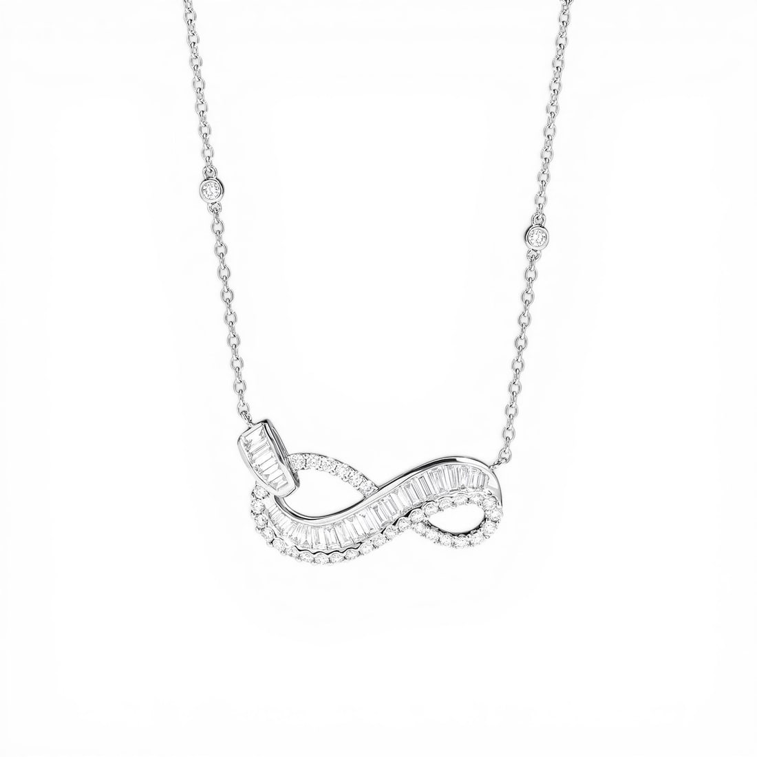 1.99 ctw Baguette and Round Diamond 18K White Gold Pendant Necklace: A symphony of light and color, this magnificent Infinity Love necklace featuring White Diamond embodies the pinnacle of luxury. Securely held in a classic Mixed-Cut Pave/Channel Pendant design, the ne