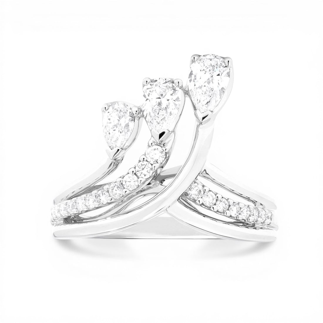1.05 ctw Pear & Round Diamond Paradox Crown 18K White Gold Ring: A symphony of light and color, this magnificent Crown ring featuring White Diamond embodies the pinnacle of luxury. Expertly mounted in a Bypass/Crossover setting, the ring is crafted in 6.85 grams of
