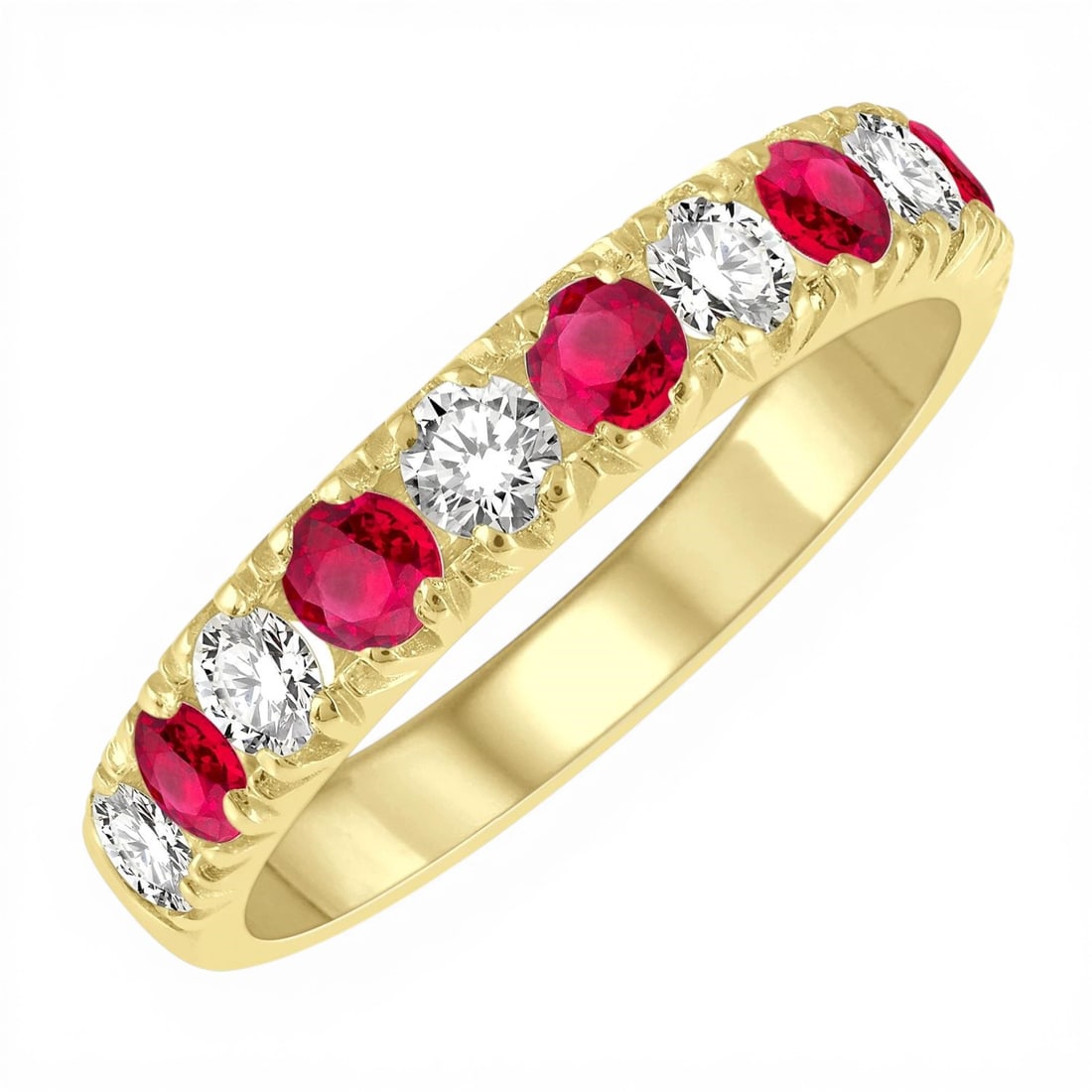 2.9mm Ruby and 0.55 ctw Diamond 14K Yellow Gold Band Ring: Captured in a moment of brilliance, this exquisite Pave Half-Eternity band ring featuring Ruby, White Diamond speaks to the connoisseur. Securely held in a classic Pave Half-Eternity design, the band 