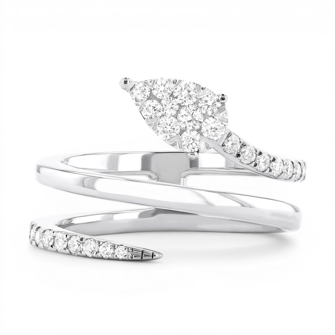 0.46 ctw White Diamond Fiori Pear Wrap Cluster 18K White Gold Ring: Timeless and sophisticated, this elegant Pear Wrap Cluster ring featuring White Diamond radiates enduring beauty. Securely held in a classic Bypass design, the ring is forged from 6.3 grams of high-po