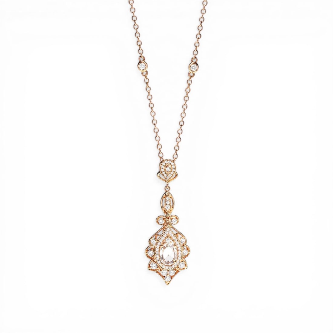 Mademoiselle 1.37 ctw Diamond Floral 18K Rose Gold Pendant Necklace: Rare and radiant, this stunning Floral necklace featuring White Diamond offers a touch of the extraordinary. A detailed Drop/Dangle gallery secures the stones, rendered in 3.7 grams of lustrous 18K Ro