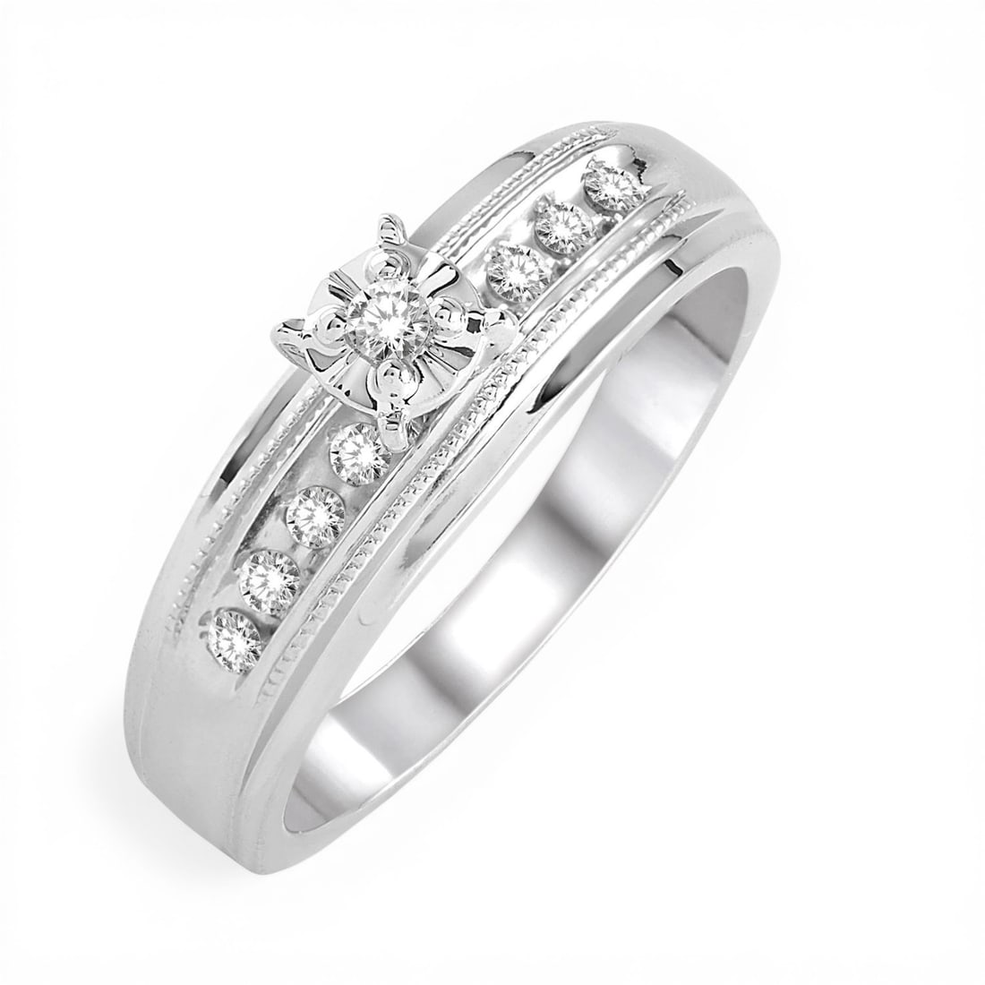0.13 ctw White Diamond 10K White Gold Engagement Ring: Exuding opulence and grace, this elegant Illusion Setting ring featuring White Diamond is crafted for the distinguished. Crafted with precision, the Illusion setting is seamlessly integrated into 2.45